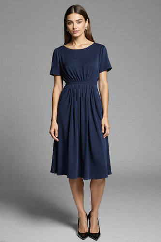 Navy Ruched Satin A Line Midi Work Dress with Short Sleeves