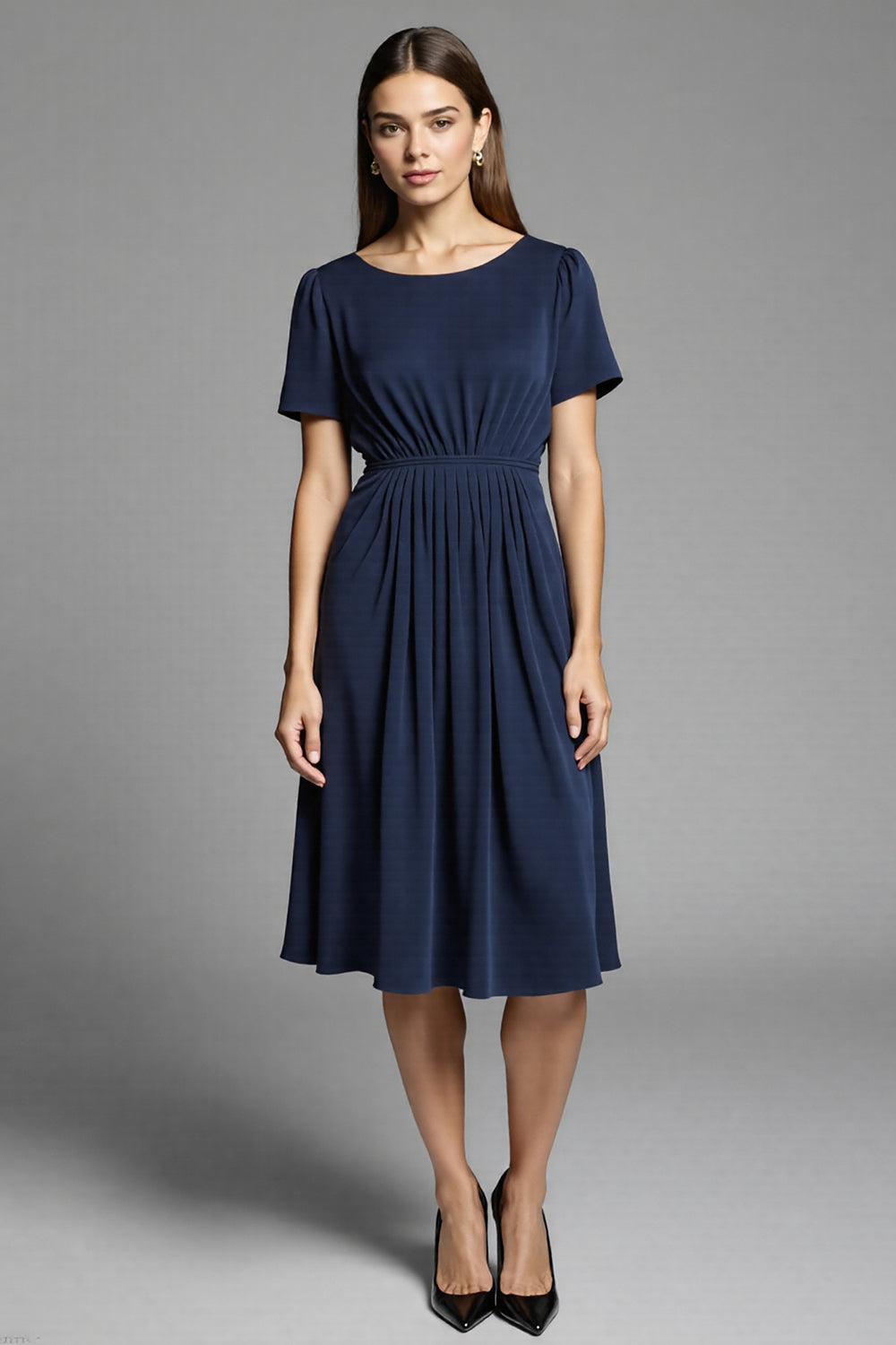 Navy Ruched Satin A Line Midi Work Dress with Short Sleeves