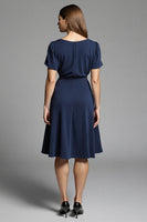 Load image into Gallery viewer, Navy Ruched Satin A Line Midi Work Dress with Short Sleeves
