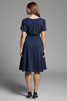 Navy Ruched Satin A Line Midi Work Dress with Short Sleeves