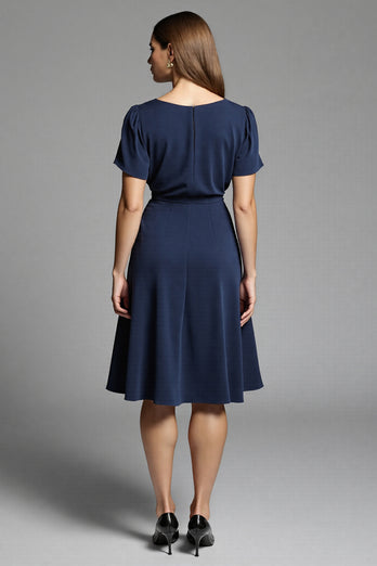 Navy Ruched Satin A Line Midi Work Dress with Short Sleeves