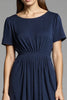 Load image into Gallery viewer, Navy Ruched Satin A Line Midi Work Dress with Short Sleeves