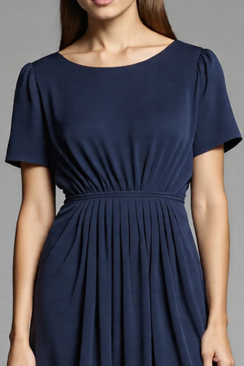 Navy Ruched Satin A Line Midi Work Dress with Short Sleeves