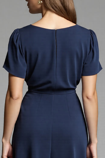 Navy Ruched Satin A Line Midi Work Dress with Short Sleeves