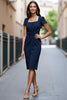 Load image into Gallery viewer, Navy Satin Bodycon Square Neck Ruched Midi Work Dress