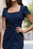 Load image into Gallery viewer, Navy Satin Bodycon Square Neck Ruched Midi Work Dress
