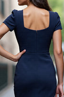 Load image into Gallery viewer, Navy Satin Bodycon Square Neck Ruched Midi Work Dress