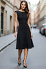 Load image into Gallery viewer, Black A Line Satin Boat Neck Midi Work Dress