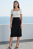 Load image into Gallery viewer, White and Black Square Neck Short Sleeves Midi Work Dress