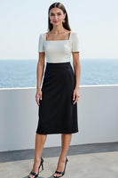 Load image into Gallery viewer, White and Black Square Neck Short Sleeves Midi Work Dress