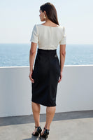 Load image into Gallery viewer, White and Black Square Neck Short Sleeves Midi Work Dress