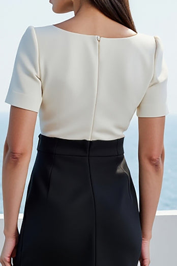 White and Black Square Neck Short Sleeves Midi Work Dress