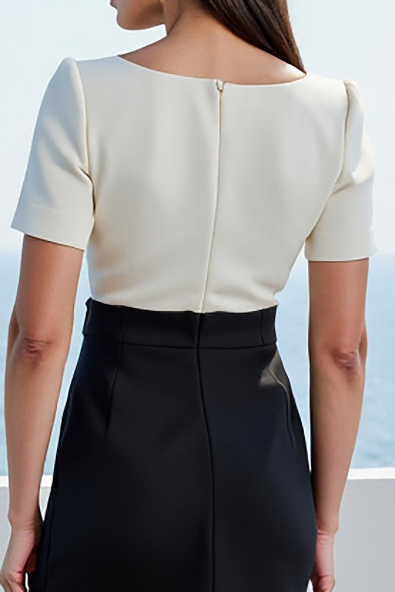 Load image into Gallery viewer, White and Black Square Neck Short Sleeves Midi Work Dress