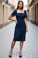 Load image into Gallery viewer, Navy Ruched Satin Square Neck Short Sleeves Midi Work Dress