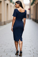 Load image into Gallery viewer, Navy Ruched Satin Square Neck Short Sleeves Midi Work Dress