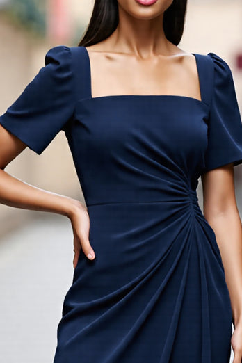 Navy Ruched Satin Square Neck Short Sleeves Midi Work Dress