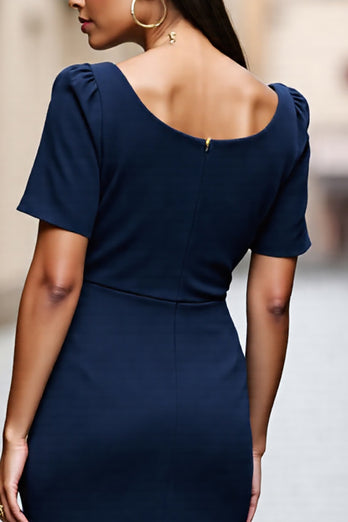 Navy Ruched Satin Square Neck Short Sleeves Midi Work Dress