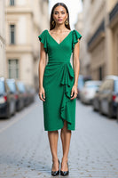 Load image into Gallery viewer, Green Satin Bodycon V Neck Ruched Midi Work Dress with Ruffles