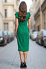 Load image into Gallery viewer, Green Satin Bodycon V Neck Ruched Midi Work Dress with Ruffles