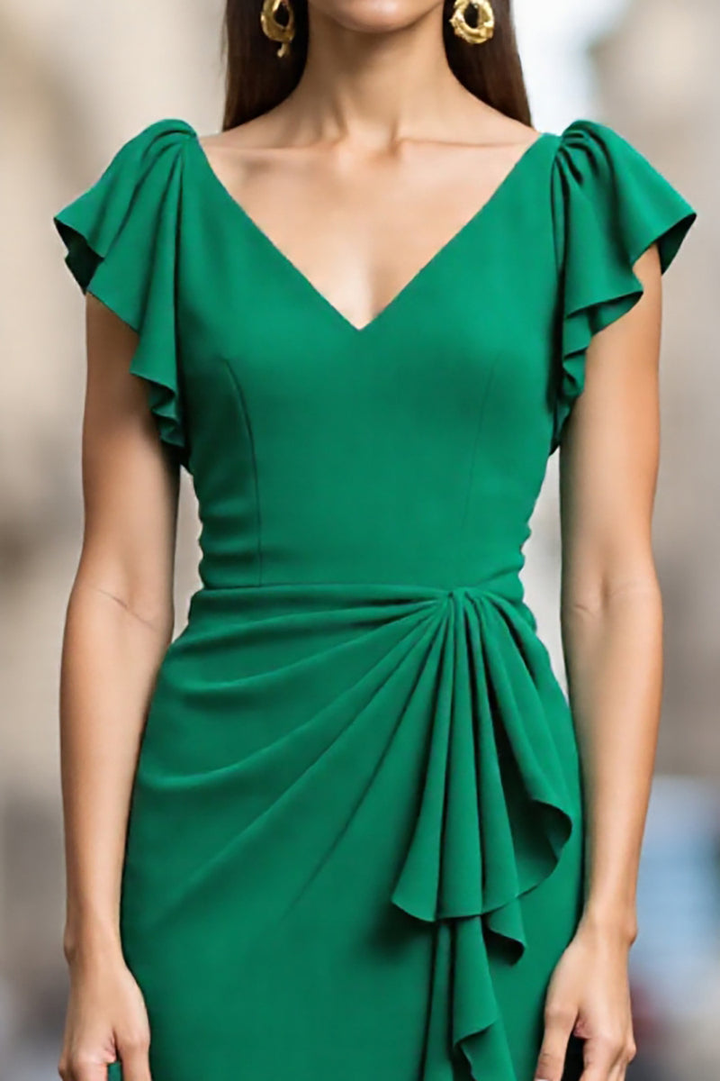 Load image into Gallery viewer, Green Satin Bodycon V Neck Ruched Midi Work Dress with Ruffles