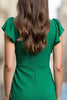 Load image into Gallery viewer, Green Satin Bodycon V Neck Ruched Midi Work Dress with Ruffles