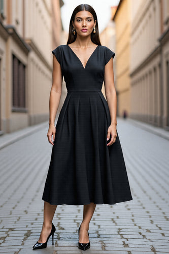 Black A Line V Neck Midi Satin Work Dress with Sleeves