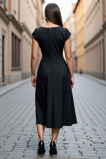 Black A Line V Neck Midi Satin Work Dress with Sleeves