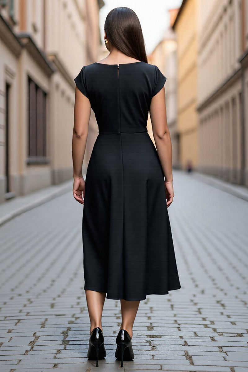 Load image into Gallery viewer, Black A Line V Neck Midi Satin Work Dress with Sleeves