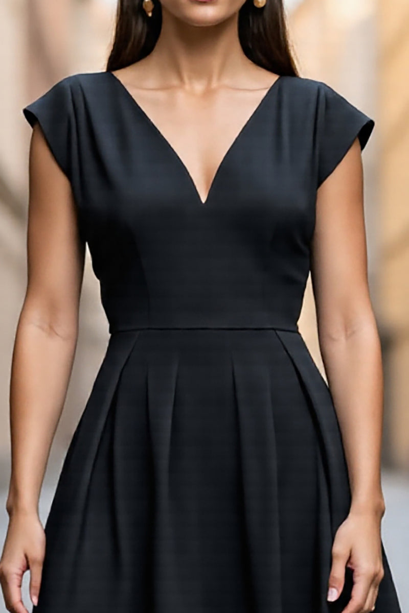 Load image into Gallery viewer, Black A Line V Neck Midi Satin Work Dress with Sleeves