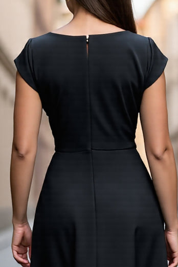 Black A Line V Neck Midi Satin Work Dress with Sleeves