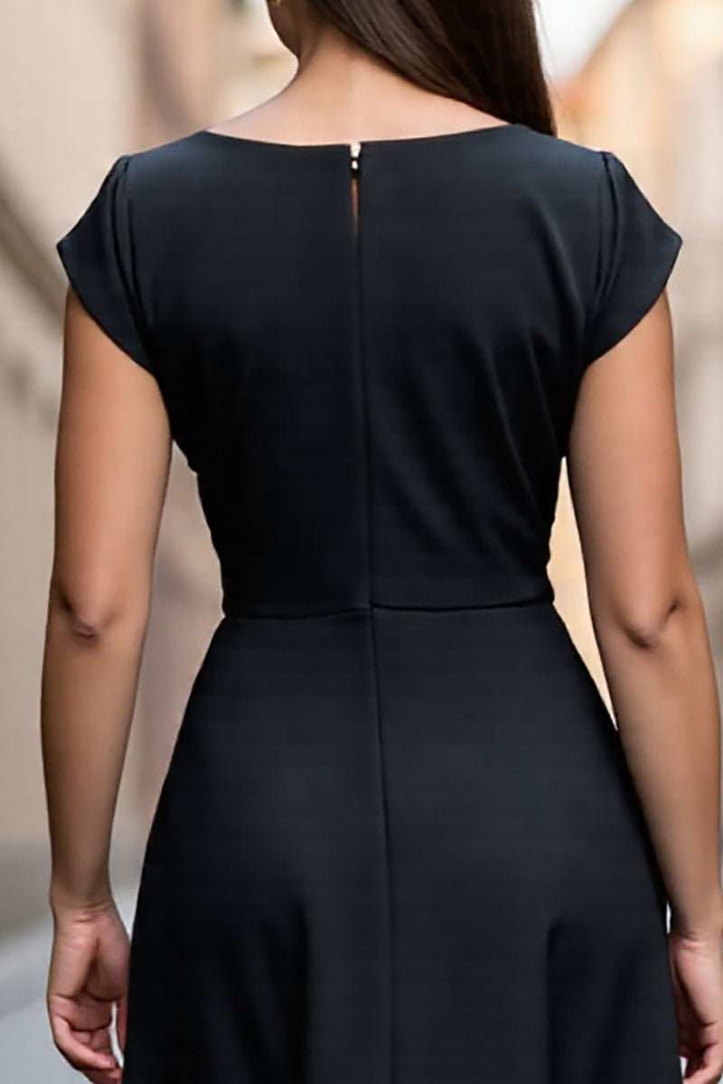 Load image into Gallery viewer, Black A Line V Neck Midi Satin Work Dress with Sleeves