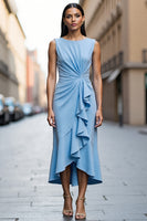Load image into Gallery viewer, Sky Blue Satin Bodycon Midi Work Dress with Ruffles