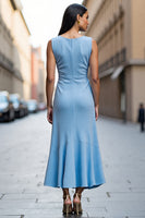 Load image into Gallery viewer, Sky Blue Satin Bodycon Midi Work Dress with Ruffles