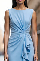 Load image into Gallery viewer, Sky Blue Satin Bodycon Midi Work Dress with Ruffles