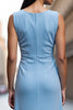 Load image into Gallery viewer, Sky Blue Satin Bodycon Midi Work Dress with Ruffles