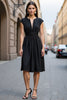 Load image into Gallery viewer, Black A Line Satin Ruched Short Sleeves Midi Work Dress