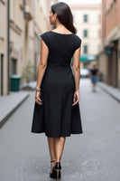 Load image into Gallery viewer, Black A Line Satin Ruched Short Sleeves Midi Work Dress