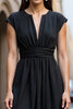 Load image into Gallery viewer, Black A Line Satin Ruched Short Sleeves Midi Work Dress