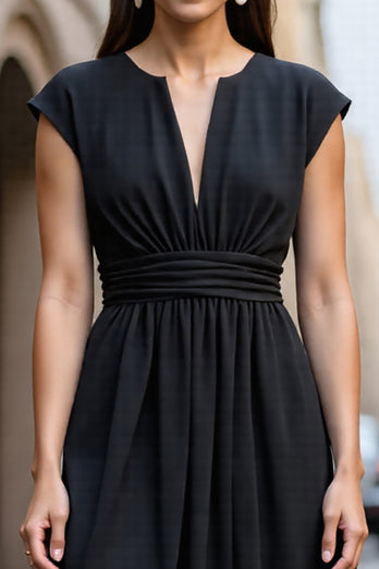 Black A Line Satin Ruched Short Sleeves Midi Work Dress