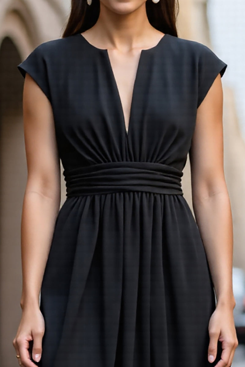 Load image into Gallery viewer, Black A Line Satin Ruched Short Sleeves Midi Work Dress
