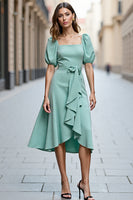 Load image into Gallery viewer, Mint Green A Line Ruffled Square Neck Midi Satin Work Dress