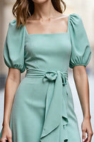 Load image into Gallery viewer, Mint Green A Line Ruffled Square Neck Midi Satin Work Dress