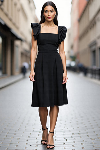 Black Satin A Line Square Neck Midi Work Dress with Ruffles