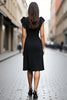 Load image into Gallery viewer, Black Satin A Line Square Neck Midi Work Dress with Ruffles