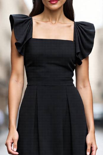 Black Satin A Line Square Neck Midi Work Dress with Ruffles