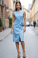 Load image into Gallery viewer, Sky Blue Satin Bodycon Midi Work Dress with Ruffles