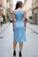 Load image into Gallery viewer, Sky Blue Satin Bodycon Midi Work Dress with Ruffles
