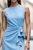 Load image into Gallery viewer, Sky Blue Satin Bodycon Midi Work Dress with Ruffles