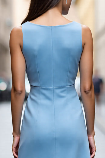 Sky Blue Satin Bodycon Midi Work Dress with Ruffles