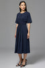 Load image into Gallery viewer, Navy Satin A Line Ruched Midi Work Dress
